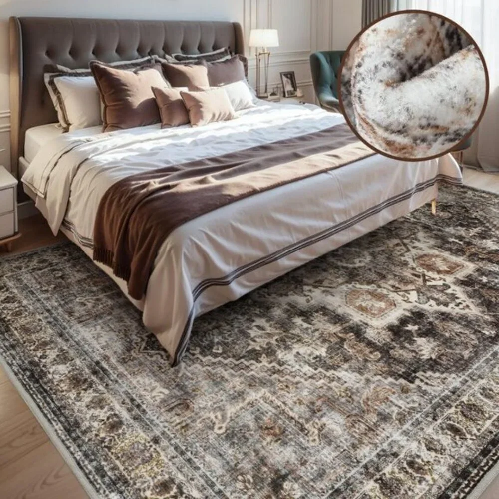 New 5x7 Brown Area Rug, Washable Vintage Floral Non-Slip Carpet for Room Decor